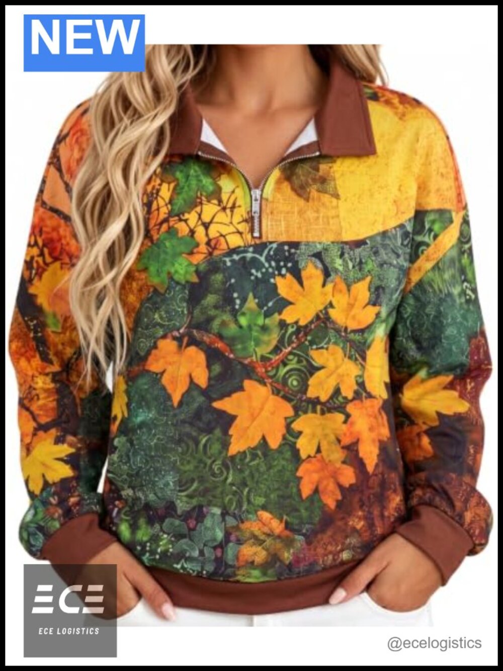 Quarter Zip Sweatshirt Long Sleeve Mock Neck Pullover Maple Leaf Print Loose